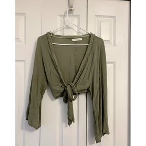 Olive Green Crinkle Tie Front Crop Top